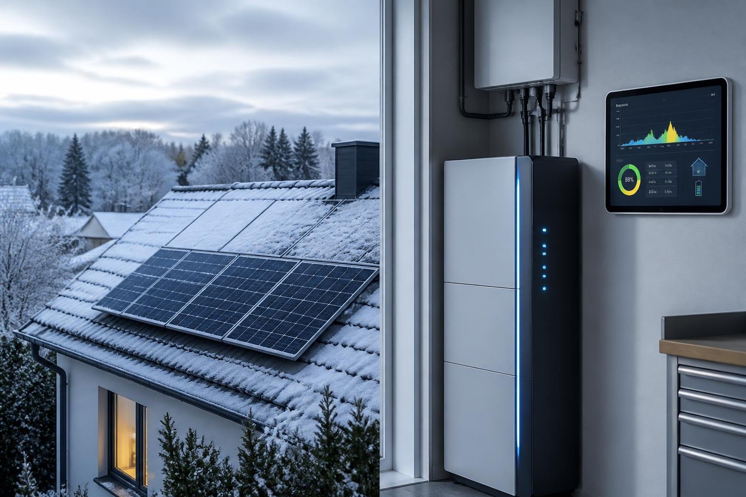 Solaranlage mit Schneebedeckten Modulen auf einem Dach im Winter und ein modernes Batteriespeichersystem in einem Haus.