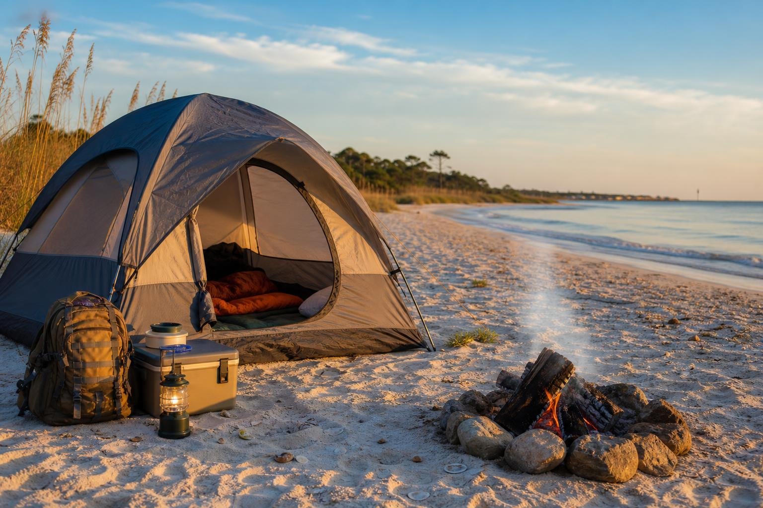 A tent set up on a sandy beach near calm Gulf Coast waters with camping gear and a campfire pit nearby.