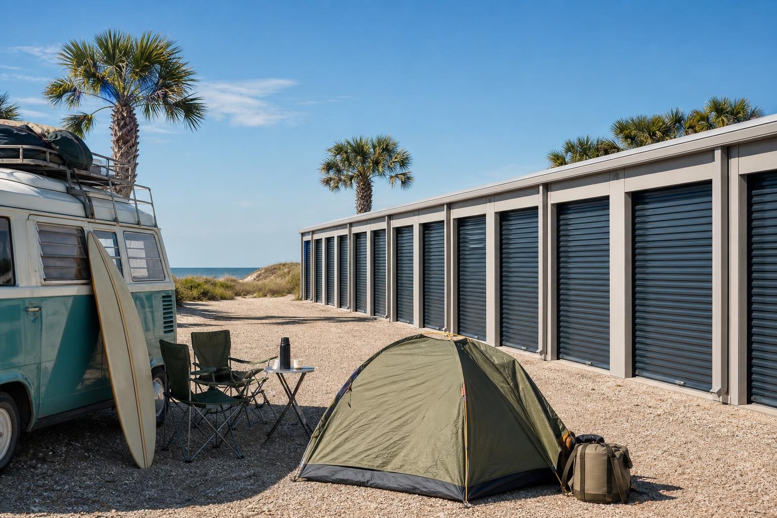 Rows of storage units near a coastal area with camping gear and palm trees under a clear blue sky.