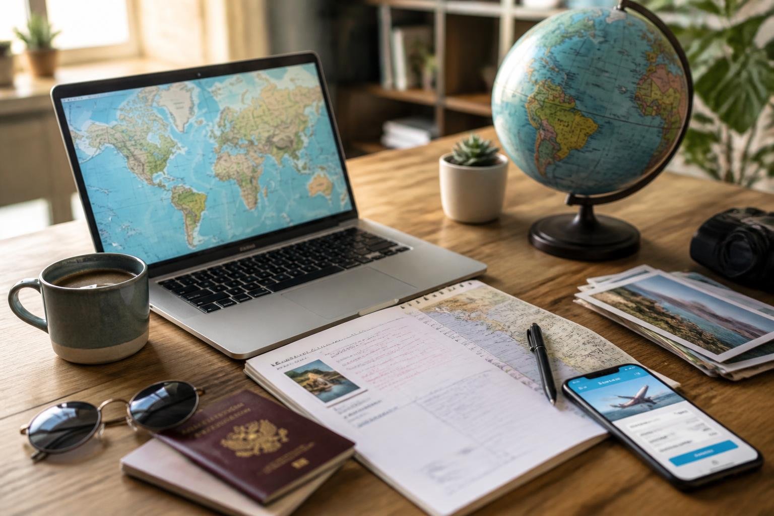 A workspace with a laptop, travel itinerary, smartphone, passport, globe, and coffee cup arranged for trip planning.