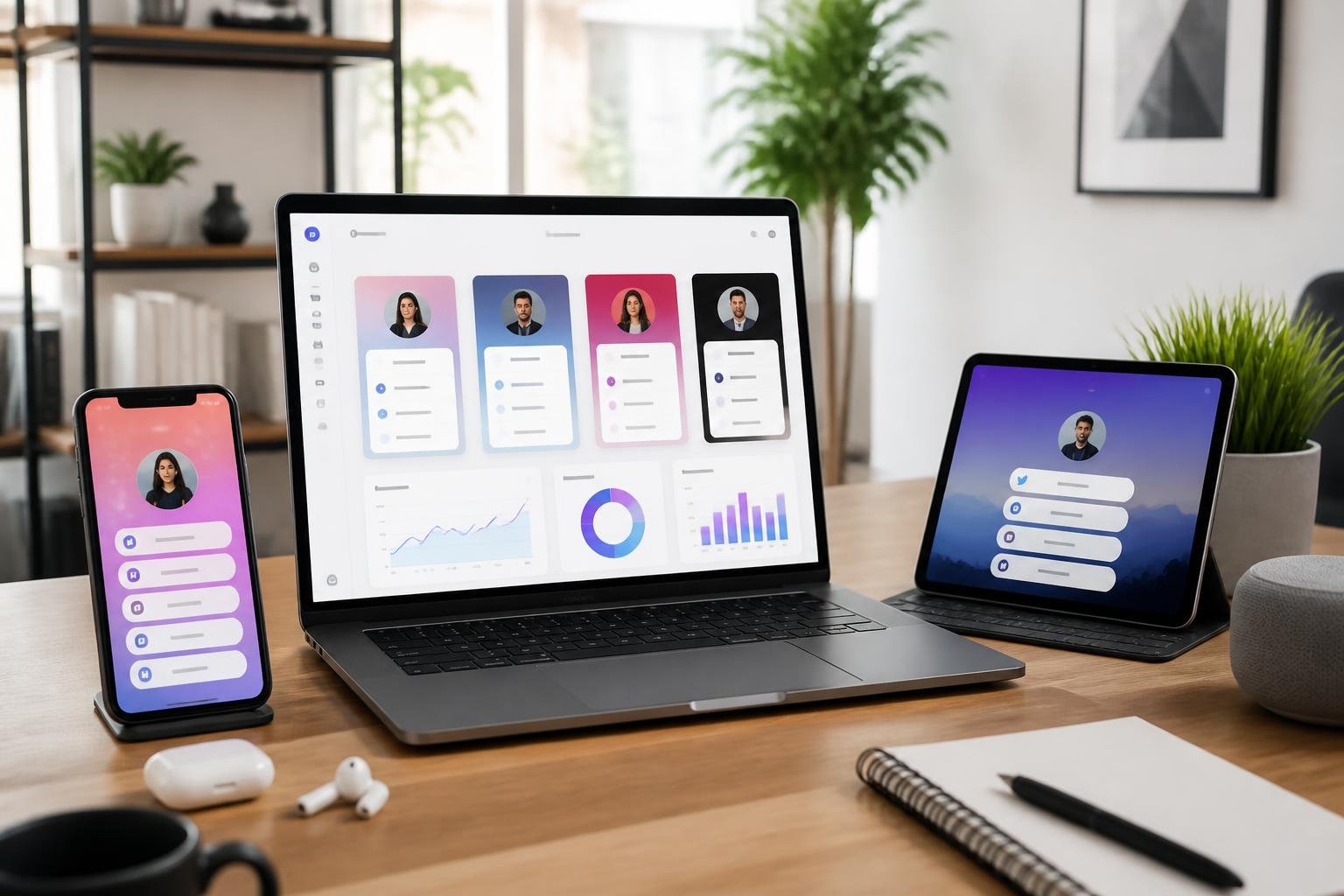 A modern workspace with a laptop, smartphone, and tablet displaying bio link profiles and analytics in a bright office setting.
