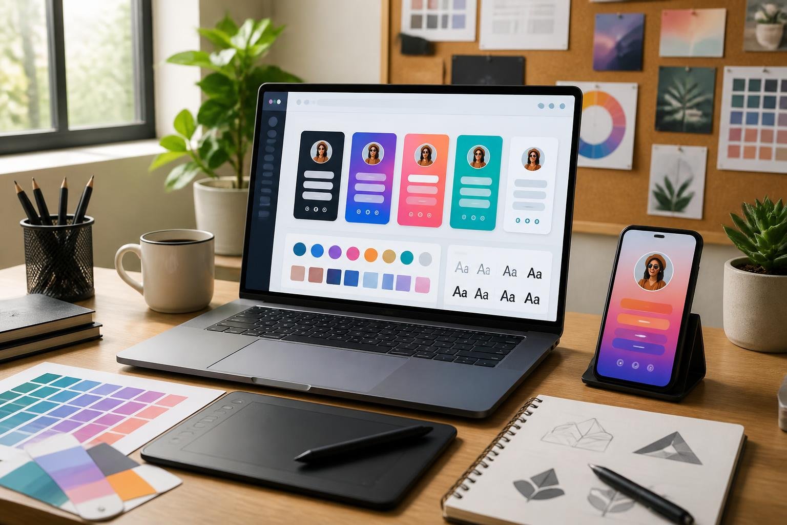A modern workspace with a laptop showing a bio links customization interface, surrounded by branding tools and a smartphone preview.