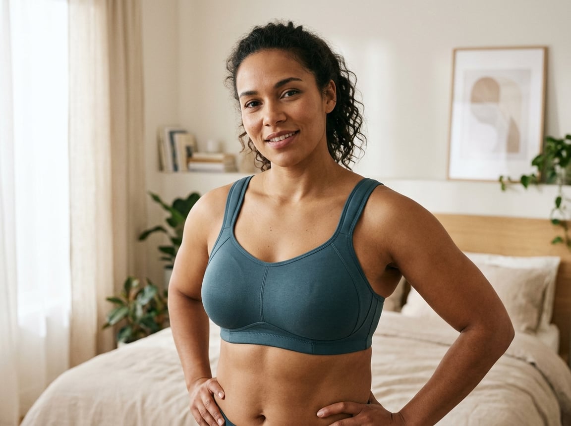 A woman with broad shoulders wearing a well-fitted bra, standing in a bedroom.