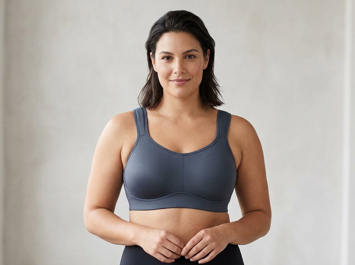 A woman with broad shoulders wearing a supportive bra, standing and smiling against a plain background.