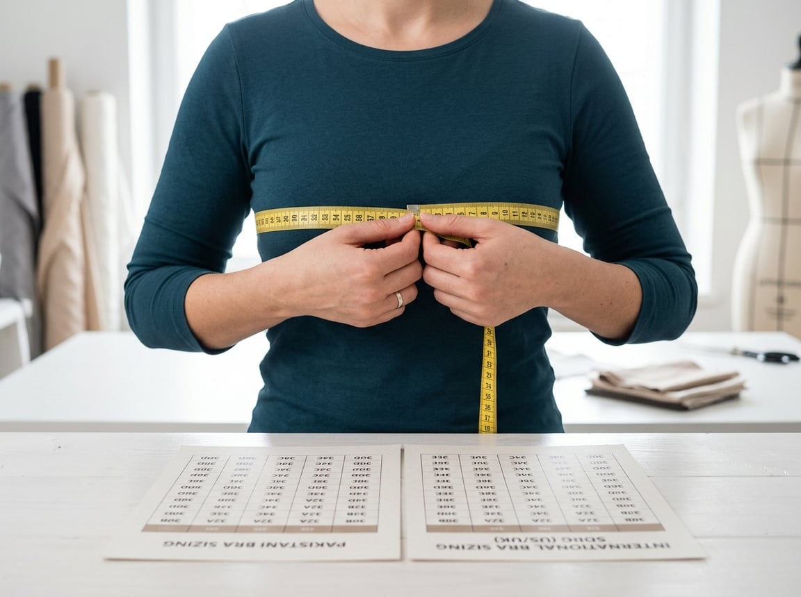 A woman measuring her chest with a tape measure next to two bra size charts comparing Pakistani and international sizing.