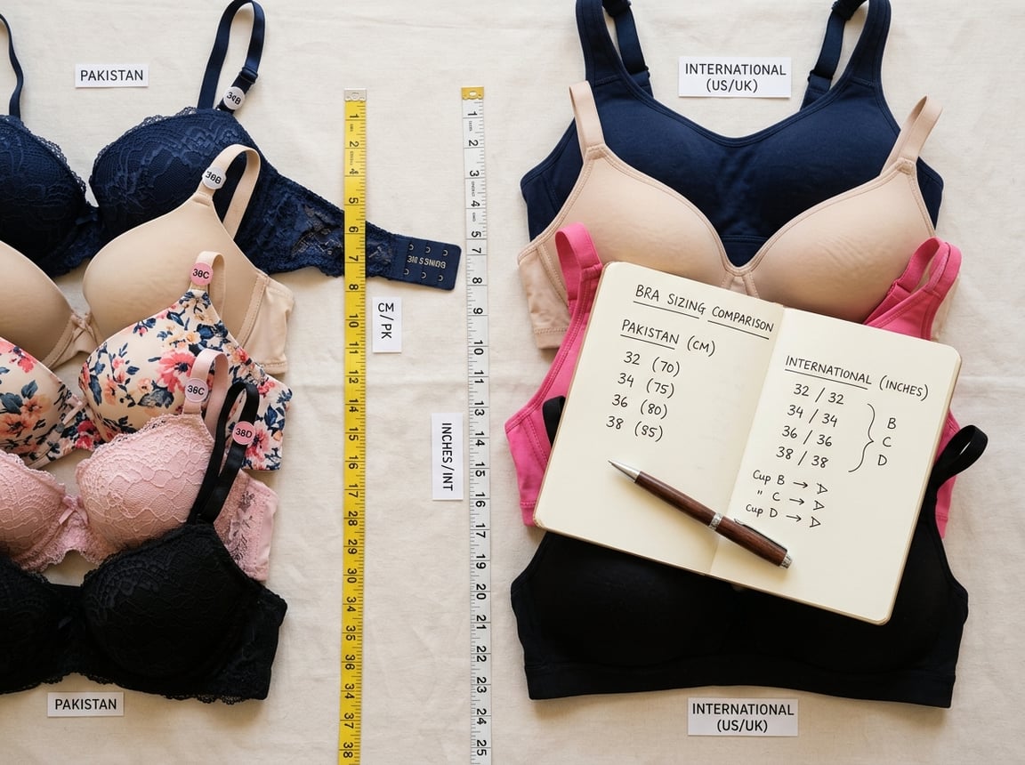 Flat lay of measuring tapes, various bras, and a notebook with conversion notes on a neutral background.