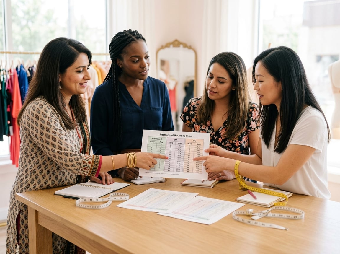 A diverse group of women discussing bra sizing charts and measuring tapes in a bright fitting room.
