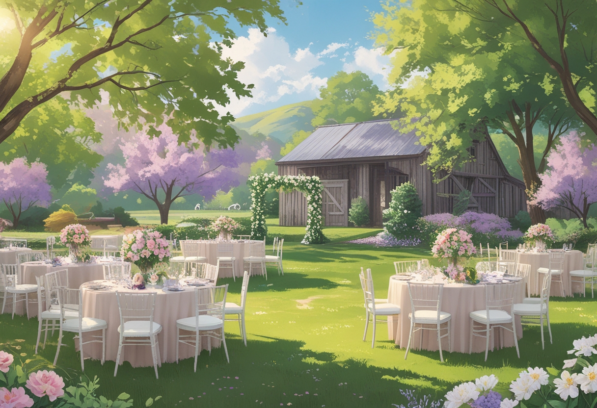 An outdoor spring wedding setup with chairs, tables, floral decorations, a flower-covered arch, a rustic barn, and green hills under a blue sky.