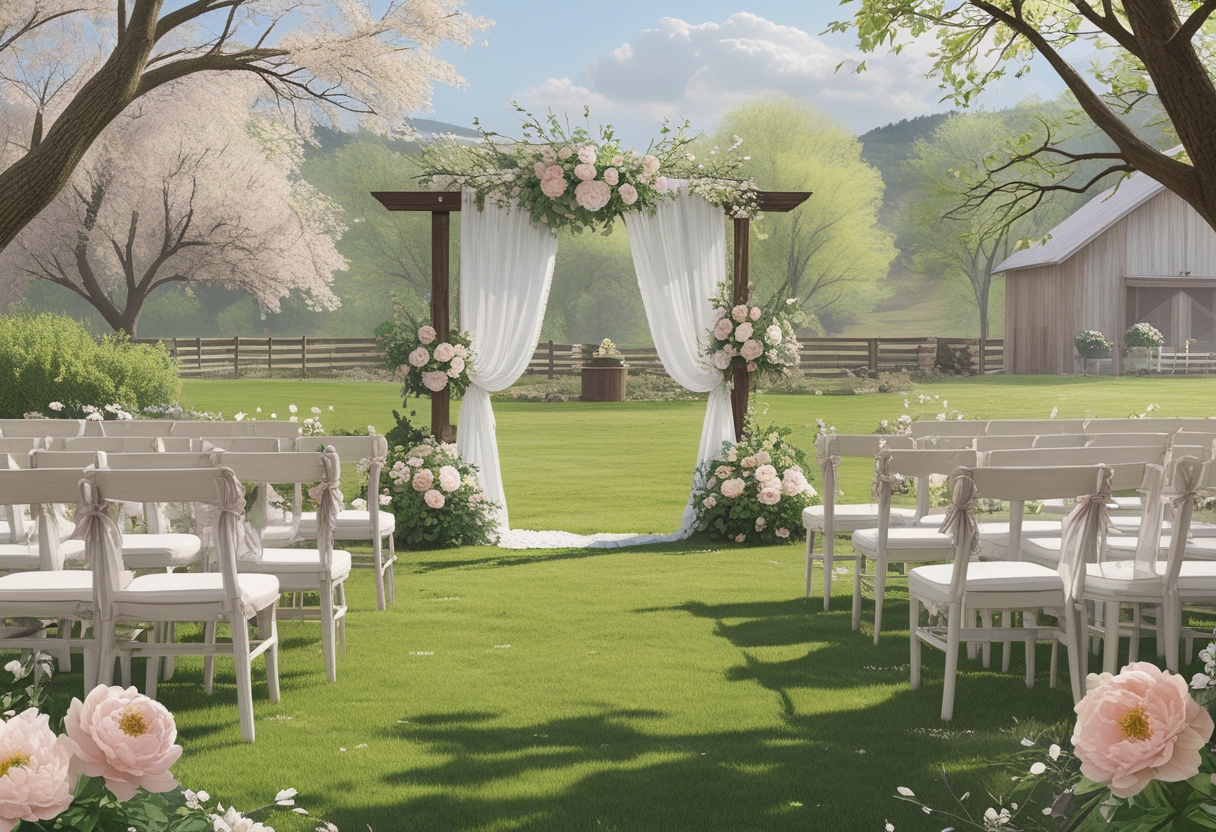 An outdoor spring wedding setup with decorated chairs, floral arch, and tables under soft sunlight in a green garden setting.