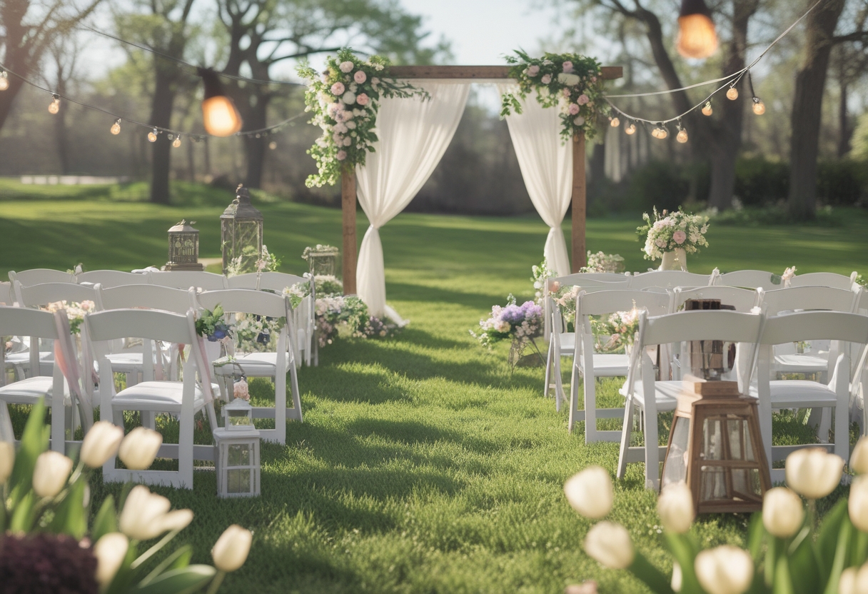 An outdoor spring wedding setup with decorated chairs, wooden tables with floral centerpieces, and a flower-adorned arch in a garden under a clear sky.