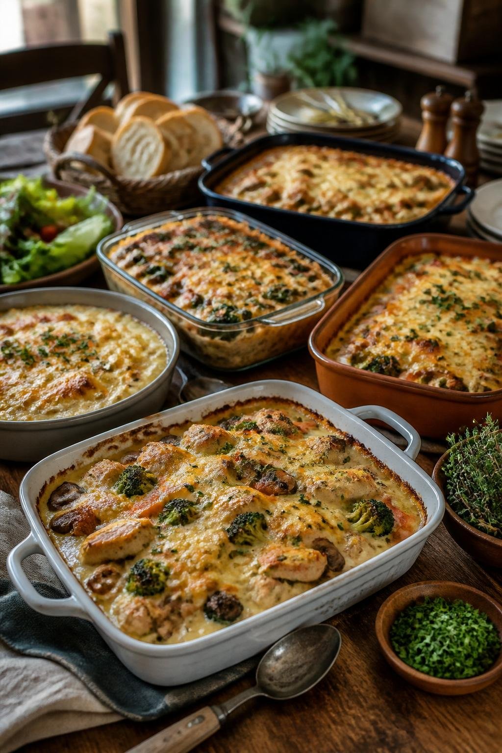 A large wooden table filled with multiple steaming chicken casseroles and side dishes ready to serve a crowd.