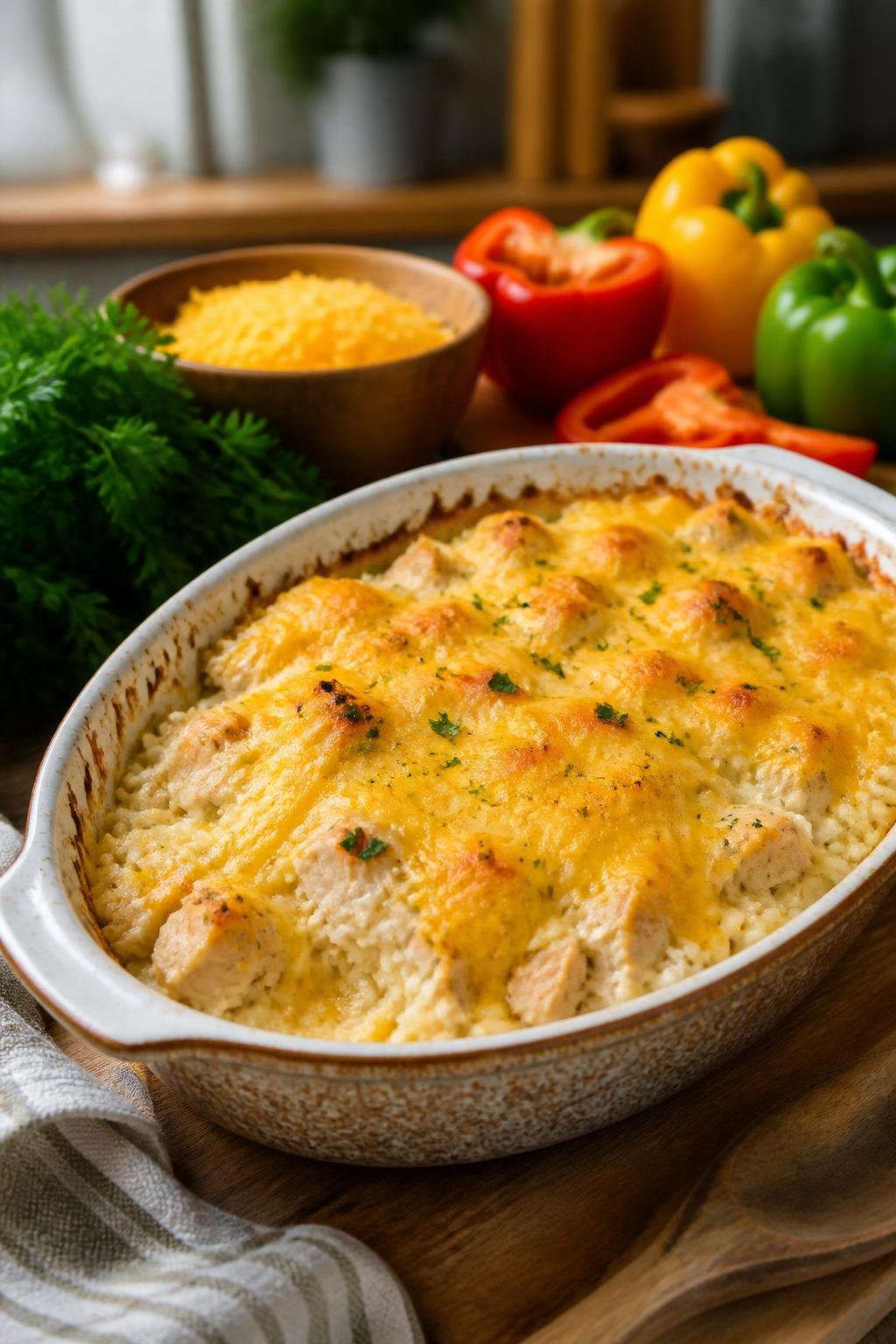 A freshly baked cheesy chicken and rice casserole in a golden ceramic dish on a wooden table, with a cracker-crumb topping and shredded cheddar visible on top.