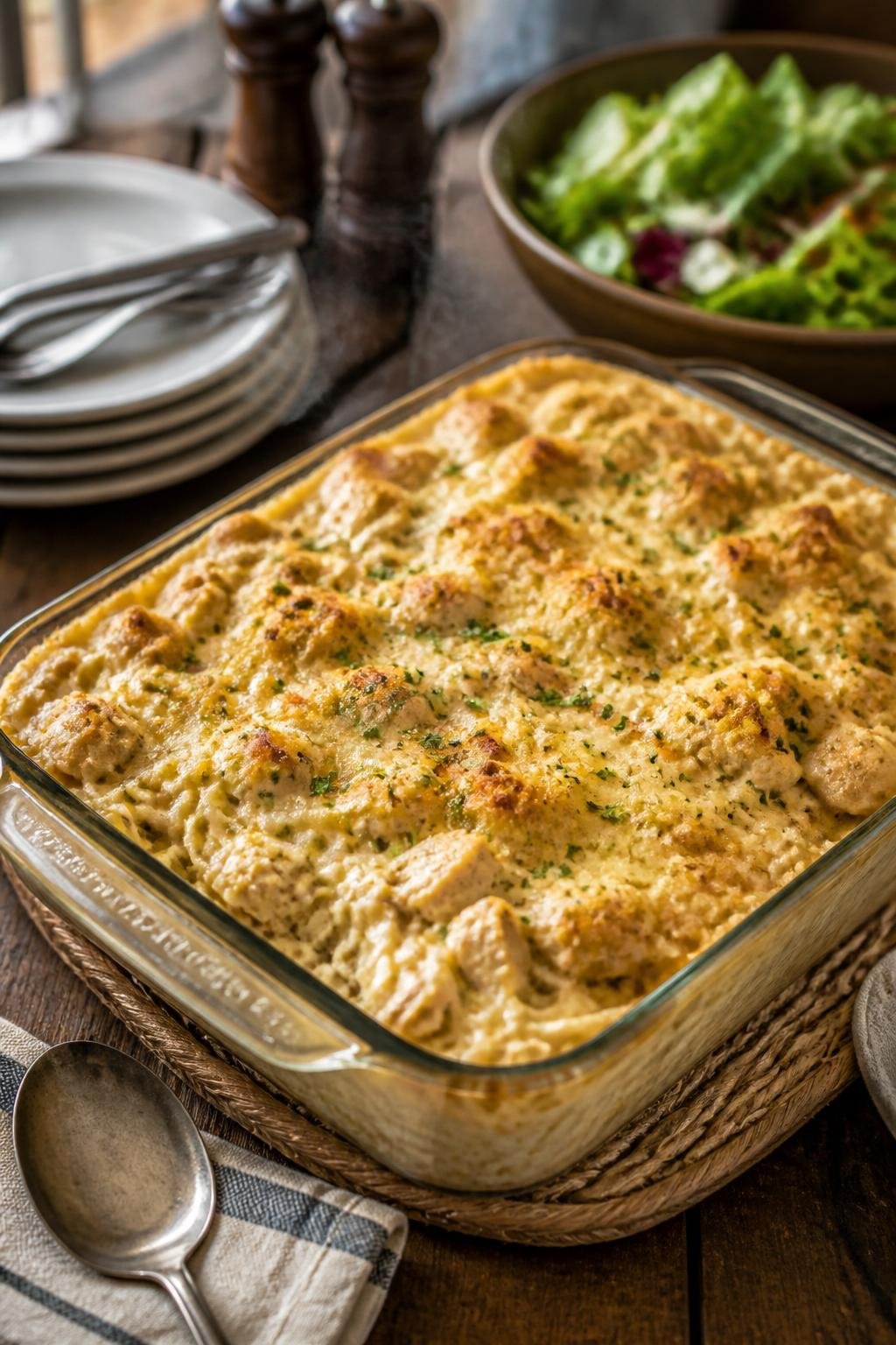 A large glass baking dish filled with creamy chicken tetrazzini, a golden breadcrumb and Parmesan topping visible, on a wooden table surrounded by plates and a bowl of salad.