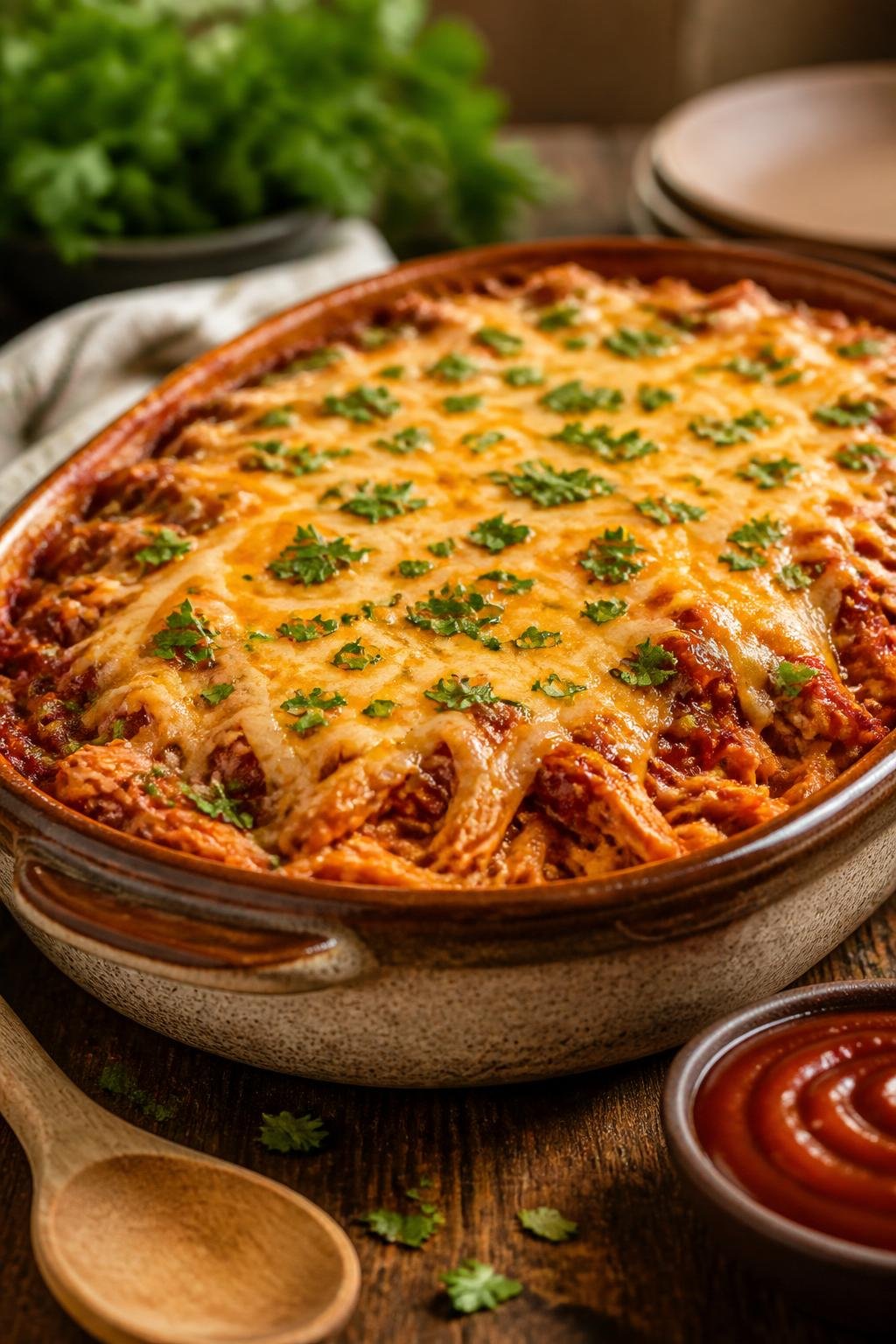 A slow-cooker shredded BBQ chicken casserole in a ceramic baking dish, garnished with chopped parsley, with a bottle of barbecue sauce visible nearby on a wooden surface.