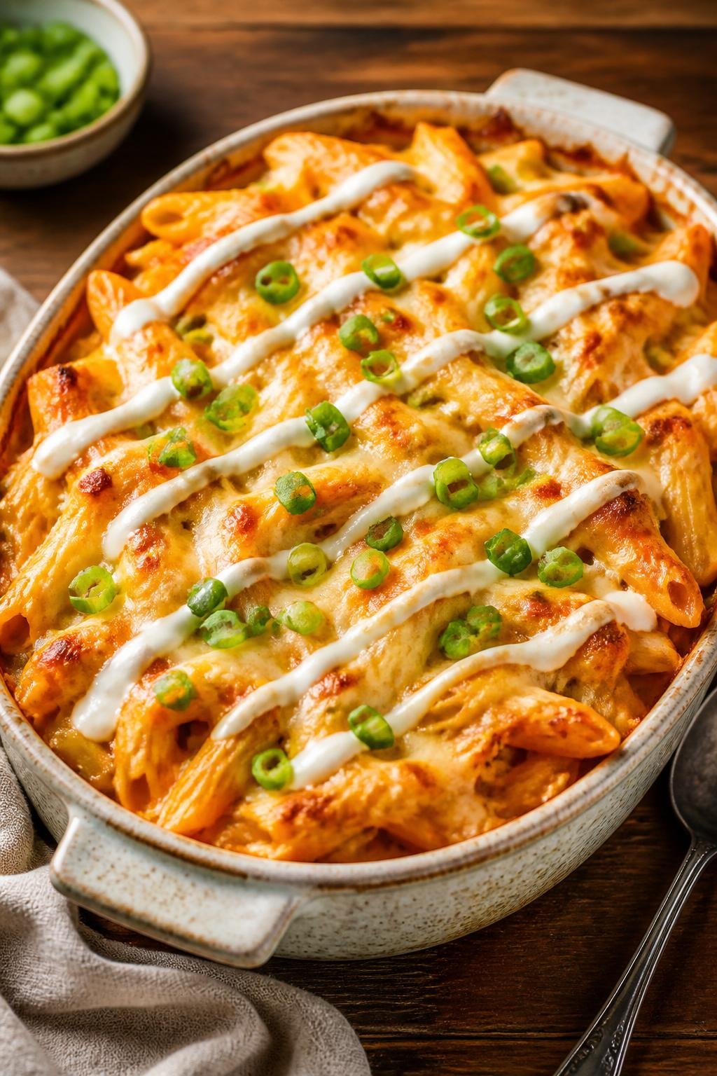 A baked buffalo chicken pasta casserole in a ceramic dish with a bubbly cheese topping, garnished with sliced green onions and a drizzle of ranch dressing.