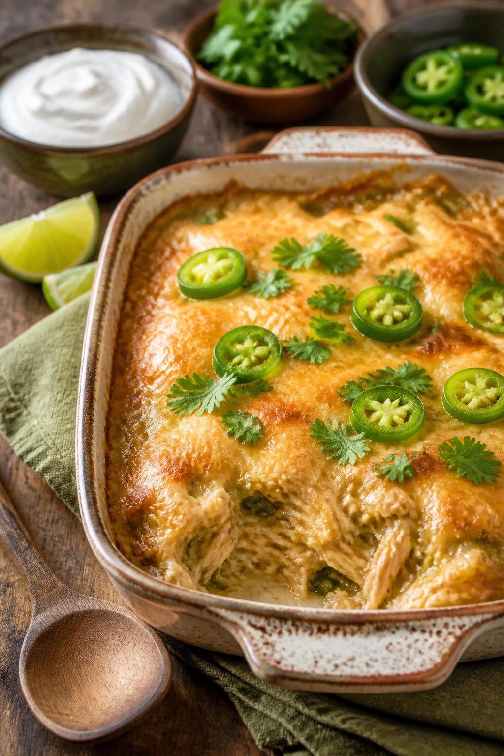 A baked chicken enchilada casserole with melted Monterey Jack cheese and diced green chili in a ceramic dish, garnished with fresh cilantro and sliced jalapeños on a wooden table.