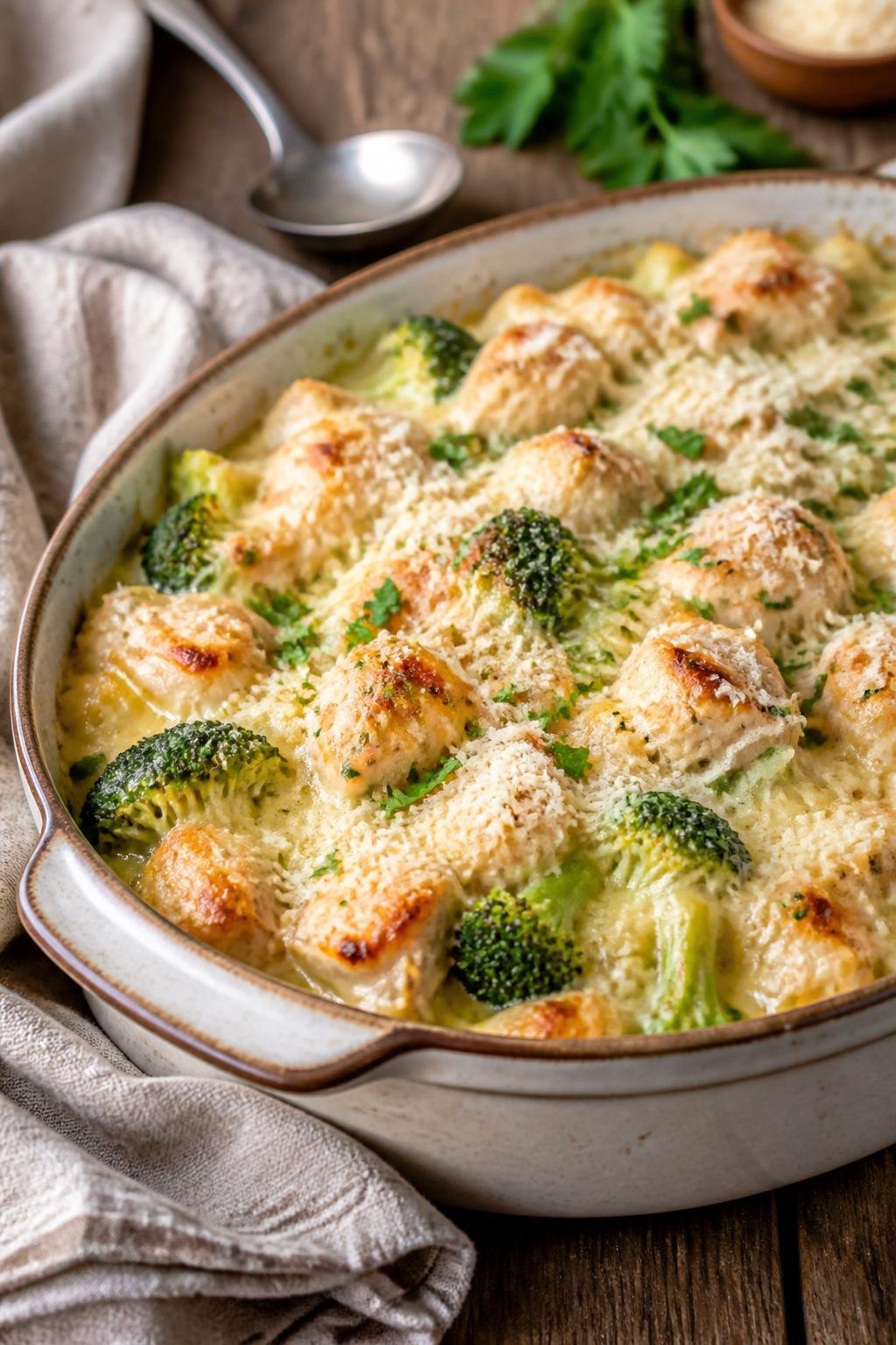 A baked broccoli chicken casserole dish with penne pasta, a creamy Alfredo sauce, and a golden Parmesan crust, garnished with fresh parsley on a wooden table.