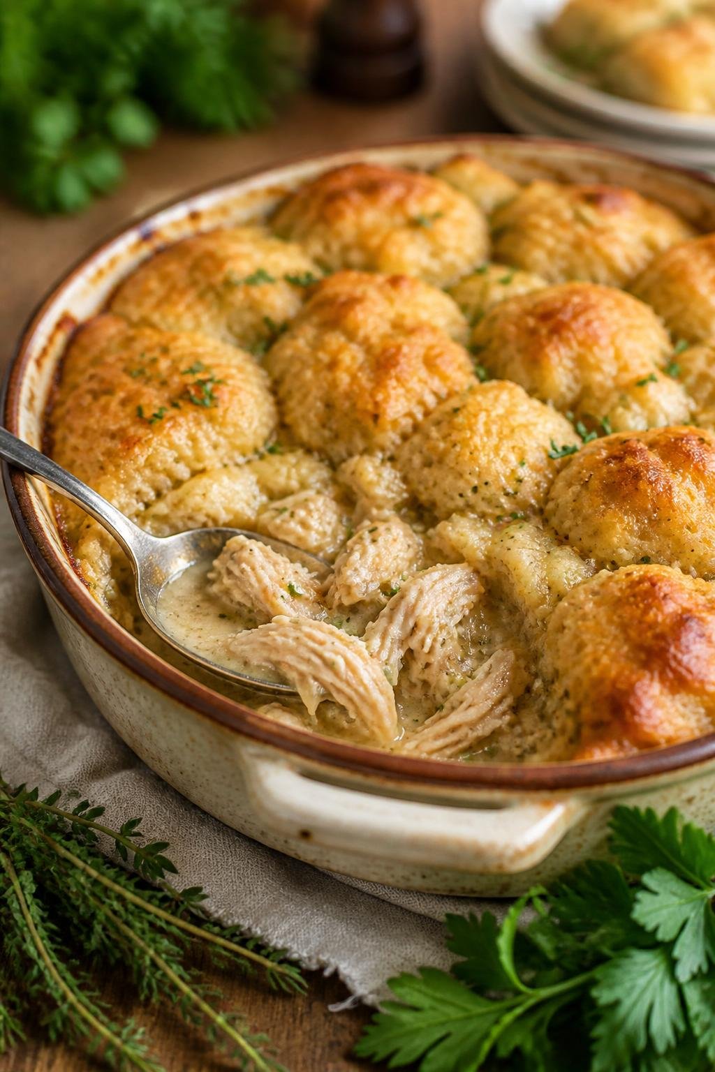 A golden-brown Southern chicken and dumpling casserole in a deep ceramic dish on a wooden table, with fluffy Bisquick dumplings puffed across the top and fresh thyme nearby.