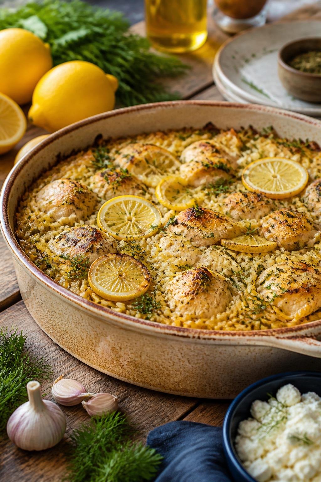 A golden baked Greek lemon chicken and orzo casserole in a ceramic dish on a wooden table with halved fresh lemons, crumbled feta, and dried oregano scattered nearby.