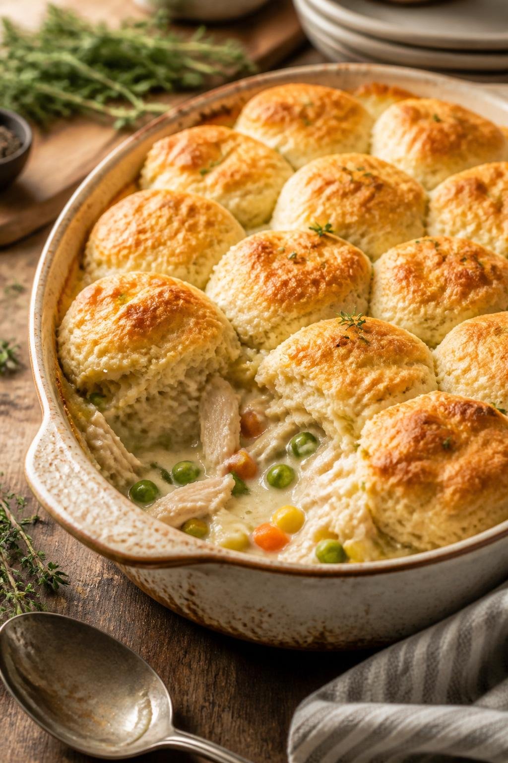 A freshly baked chicken pot pie casserole with tall, golden biscuit rounds on top, steam rising, on a wooden table with a serving spoon and fresh herb sprigs nearby.