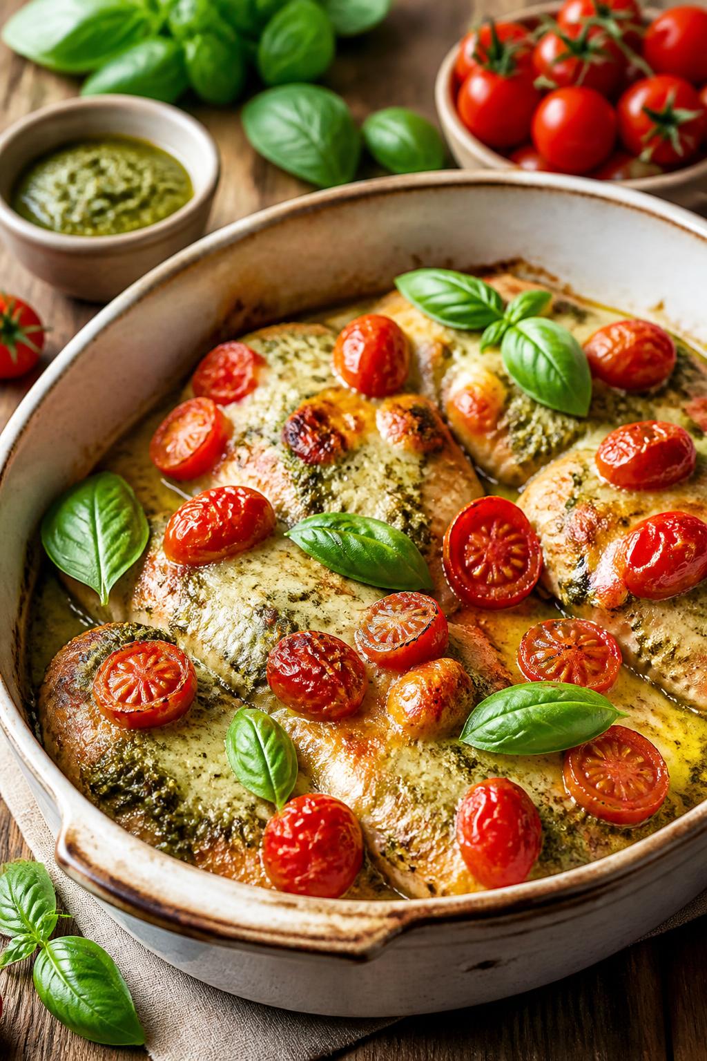 A baked chicken and cherry tomato casserole in a ceramic dish on a wooden table, with golden mozzarella and Parmesan topping and fresh basil leaves visible.