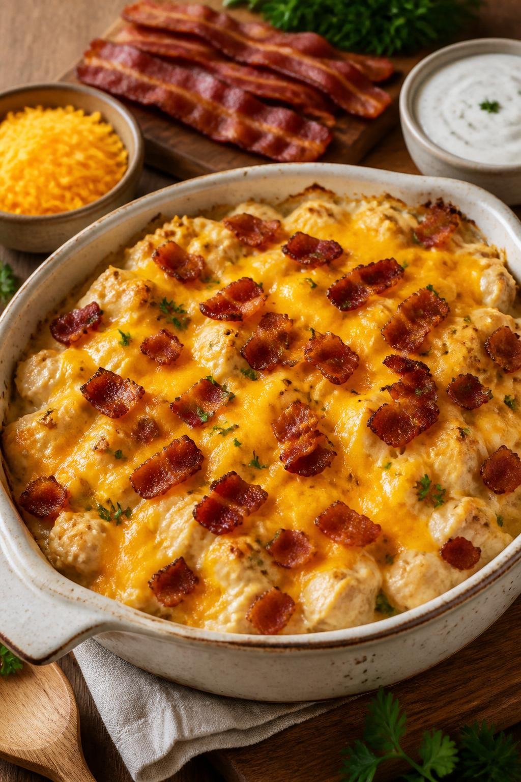 A baked chicken casserole topped with melted golden cheddar and crispy crumbled bacon in a ceramic dish on a wooden table with fresh herbs nearby.