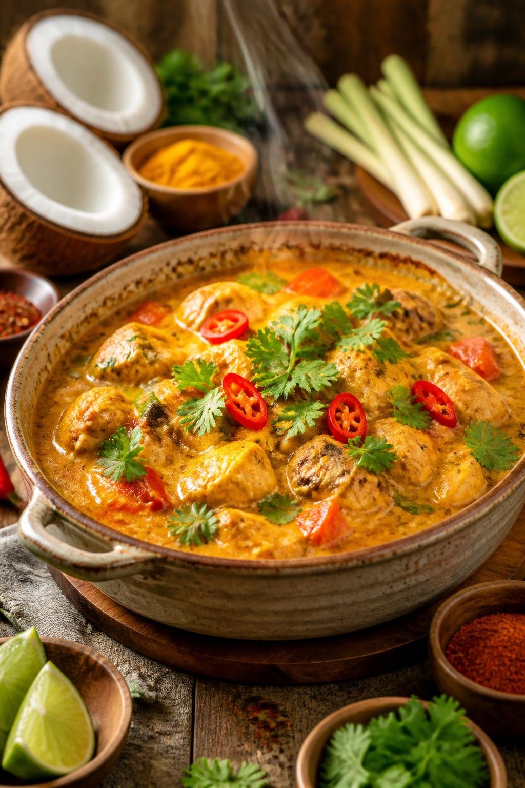 A steaming Thai coconut curry chicken casserole in a ceramic dish, garnished with fresh cilantro and thin red chili slices, with a can of coconut milk visible on the wooden table nearby.