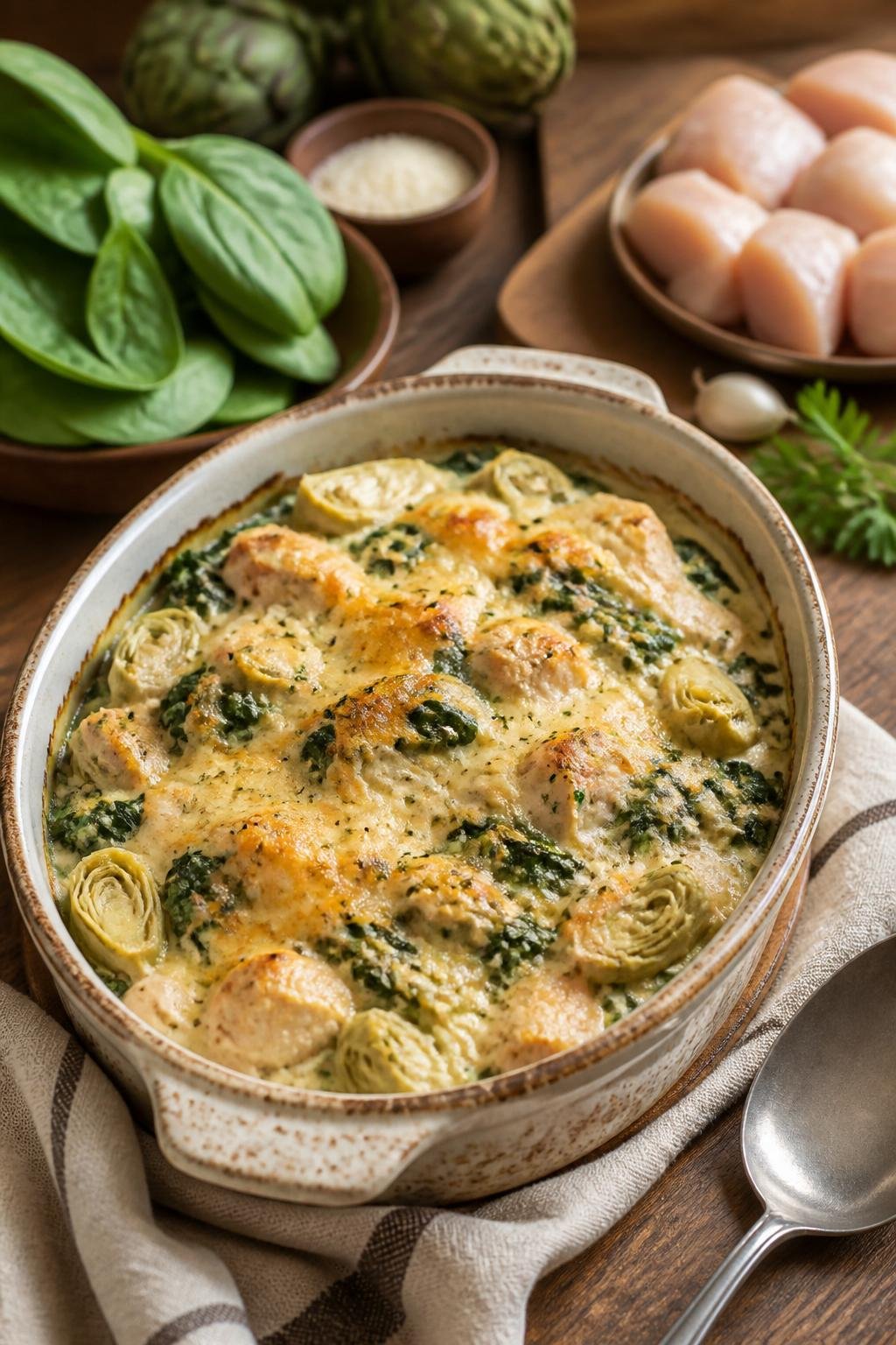 A baked chicken casserole with chopped spinach and artichoke hearts in a cream cheese base, topped with a golden panko crust in a ceramic dish on a wooden table.