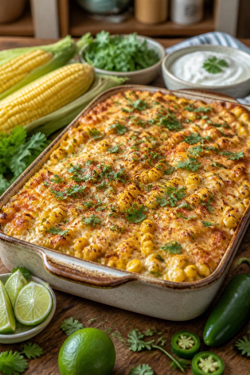 A baked Mexican street corn chicken casserole topped with melted cheese, thawed corn kernels, crushed tortilla chips, and fresh cilantro in a ceramic dish on a wooden table.