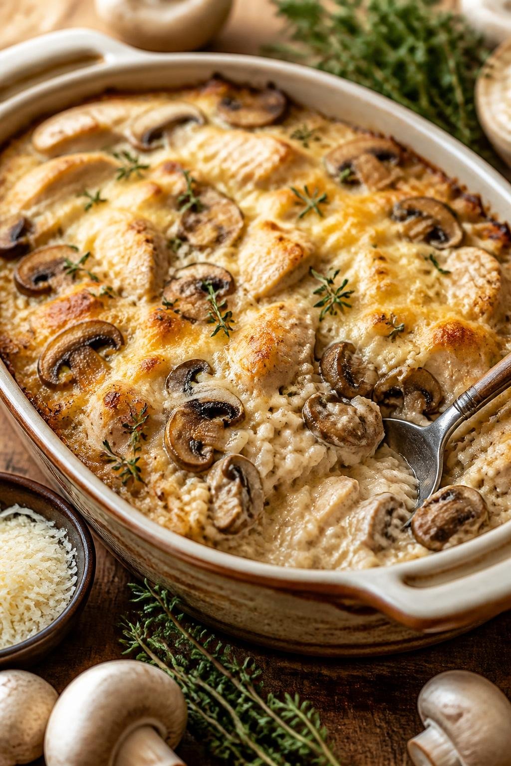 A freshly baked creamy mushroom and chicken rice casserole in a ceramic dish on a wooden table with sliced cremini mushrooms and fresh thyme sprigs nearby.