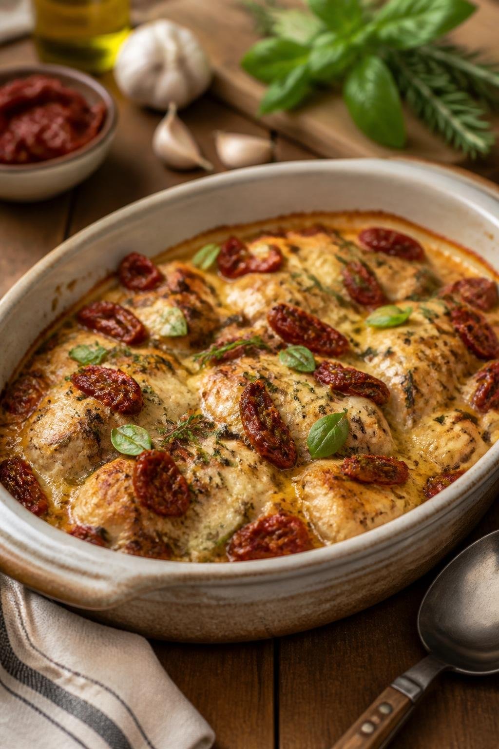 A baked chicken and sun-dried tomato casserole with pasta in a cream sauce, topped with melted mozzarella and Parmesan in a ceramic dish on a wooden table.