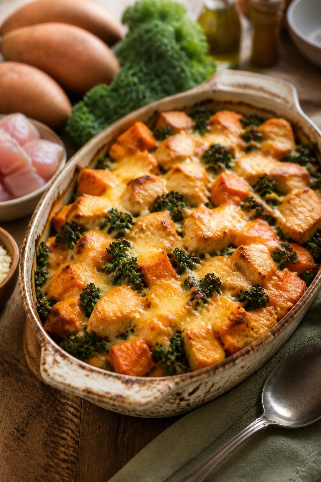 A baked chicken, sweet potato, and kale casserole with a golden cheddar topping in a ceramic dish on a wooden table with fresh kale leaves and diced sweet potato visible nearby.