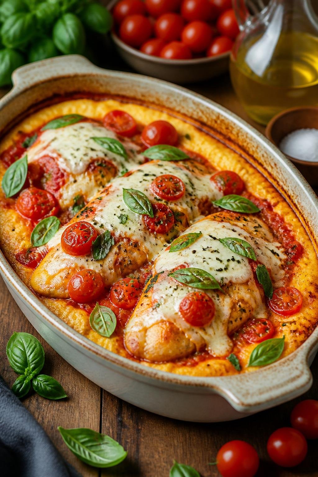 A baked Caprese chicken and polenta casserole in a ceramic dish with melted mozzarella, blistered cherry tomatoes, and fresh basil leaves on a wooden table.