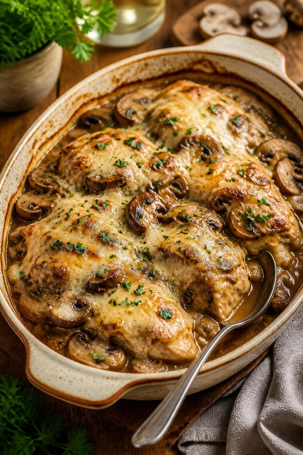 A baked chicken and cremini mushroom casserole in a deep ceramic dish with a golden mozzarella and Parmesan topping, garnished with fresh flat-leaf parsley on a wooden table.