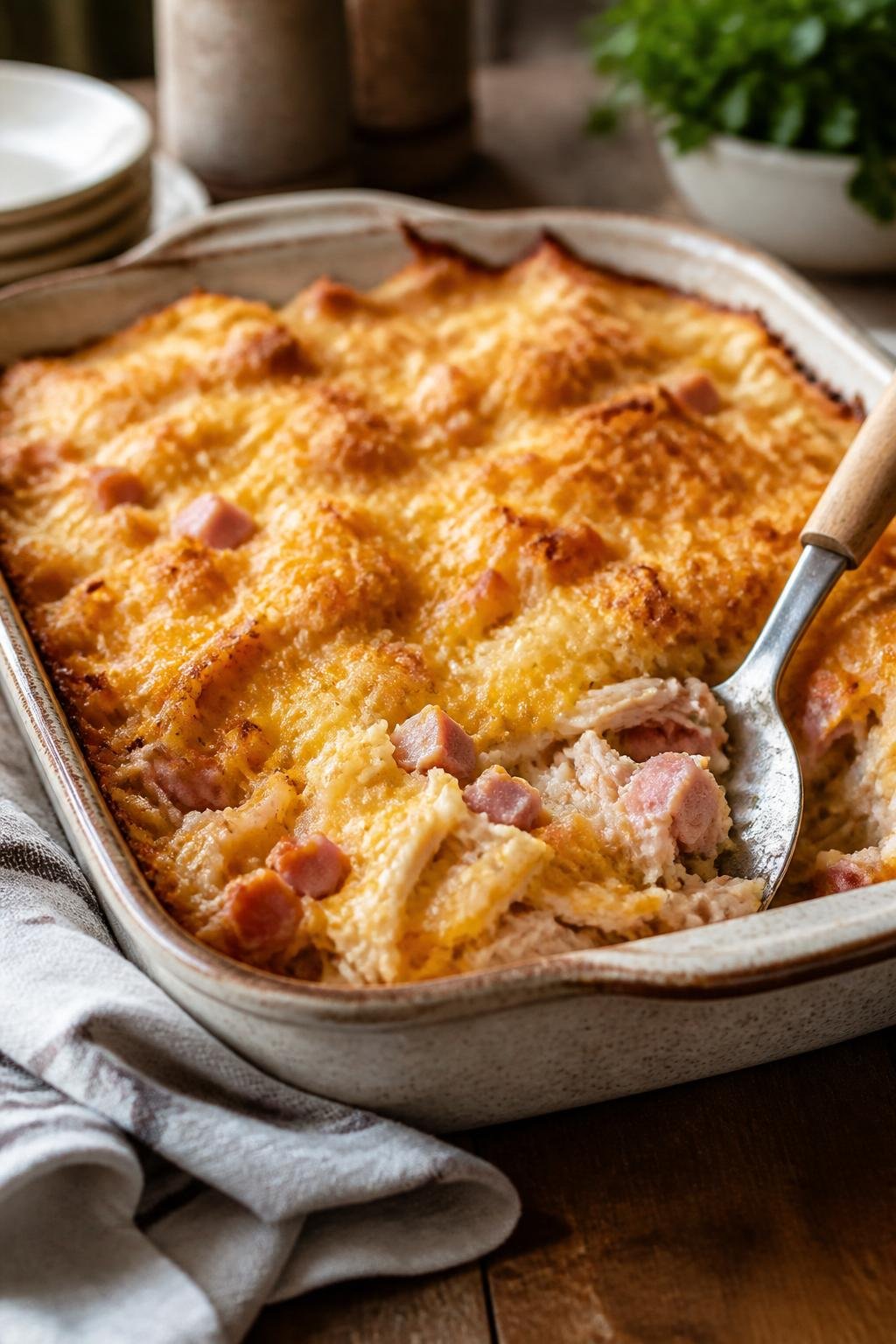 A baked ham and chicken cheesy hashbrown casserole in a ceramic dish with a golden cheddar crust on top, a serving spatula resting beside it on a wooden table.