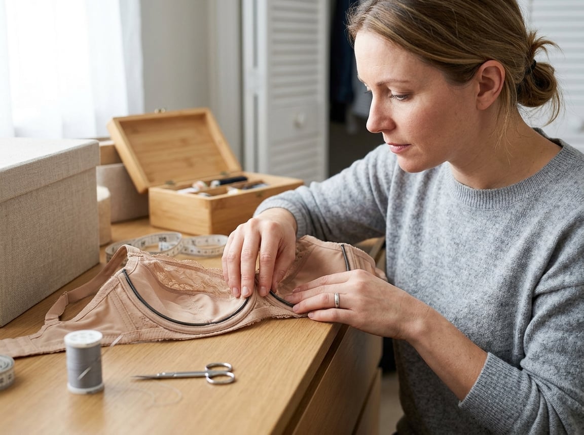 A woman closely examining the underwire of a bra, with sewing tools nearby on a clean surface.