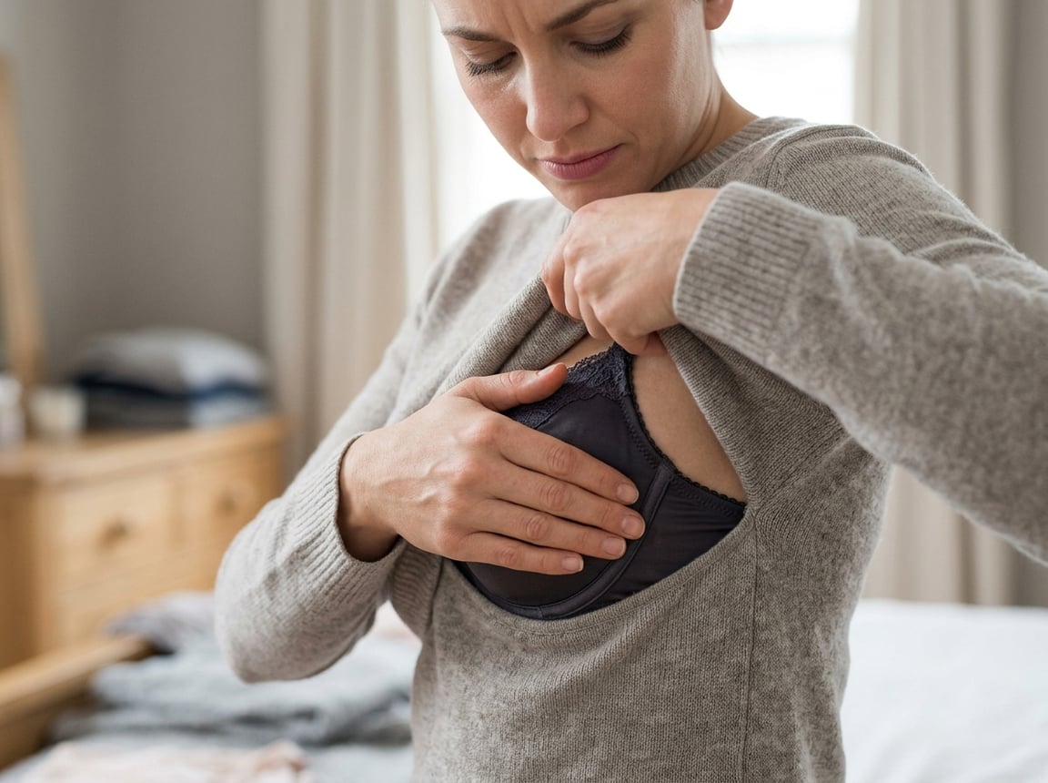A woman adjusting her bra underwire with a look of slight discomfort in a softly lit bedroom.