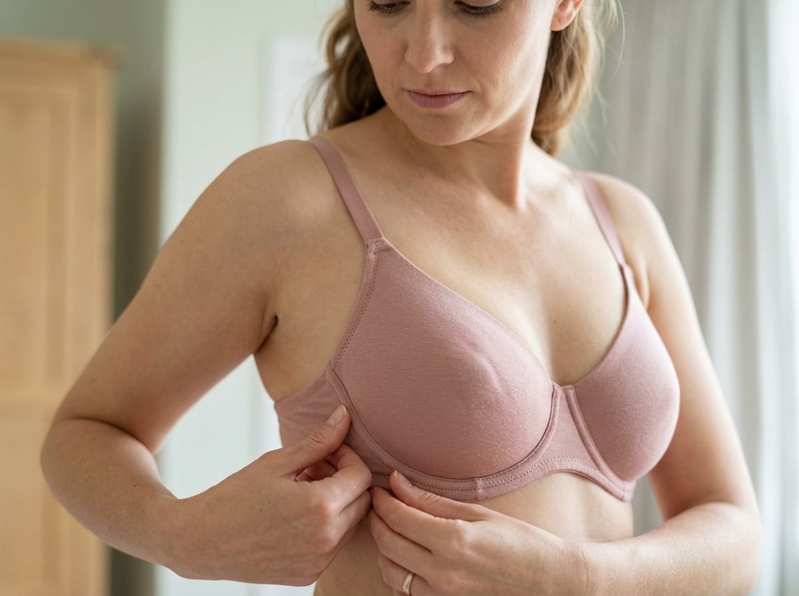 Close-up of a woman adjusting the underwire area of her bra, showing mild discomfort.