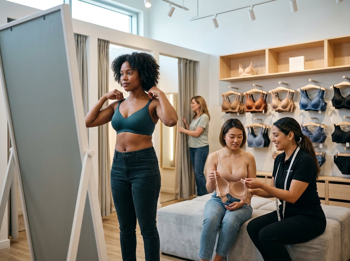 Women trying on bras in a fitting room with a store assistant helping them.