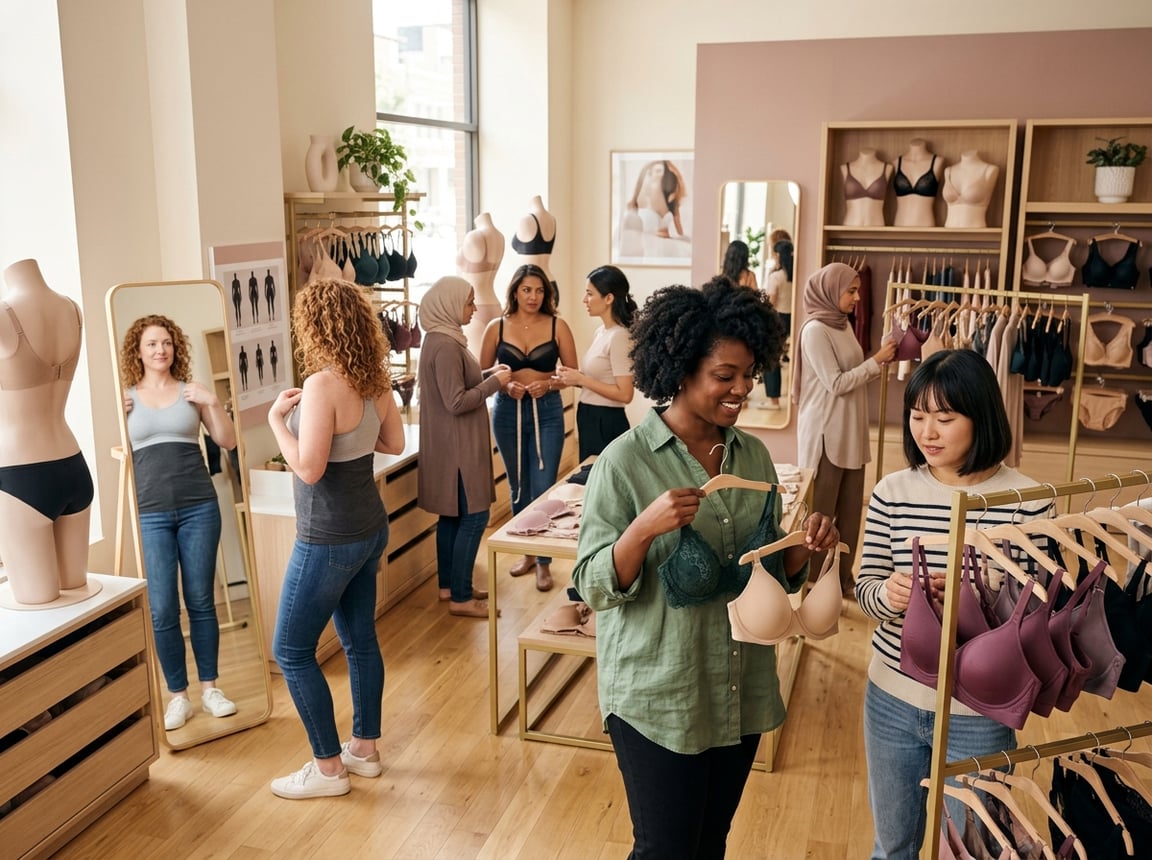 Women of different body types trying on and examining various bra styles in a modern lingerie store.