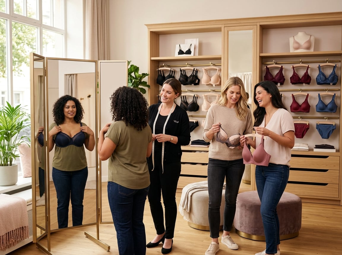 A group of women in a fitting room trying on and examining different types of bras displayed on shelves.