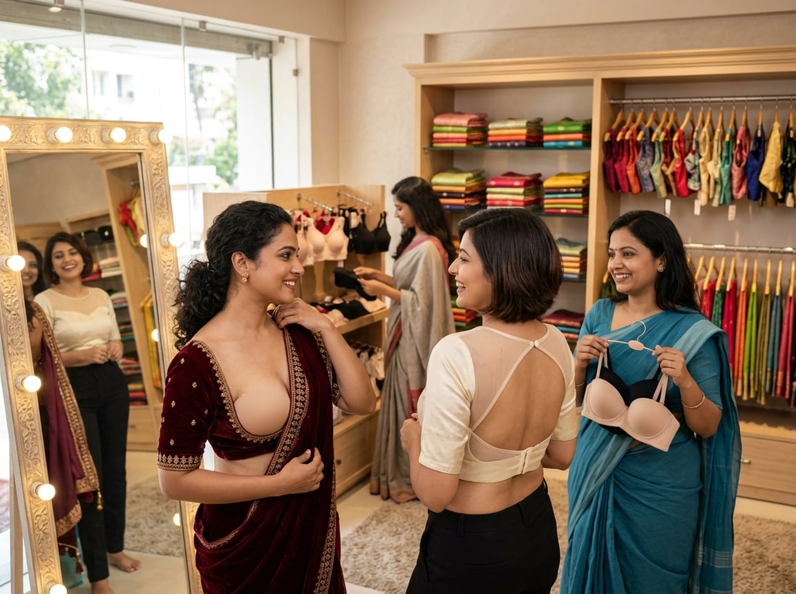 Women trying on different bras under saree blouses in a boutique, focusing on fit and support.