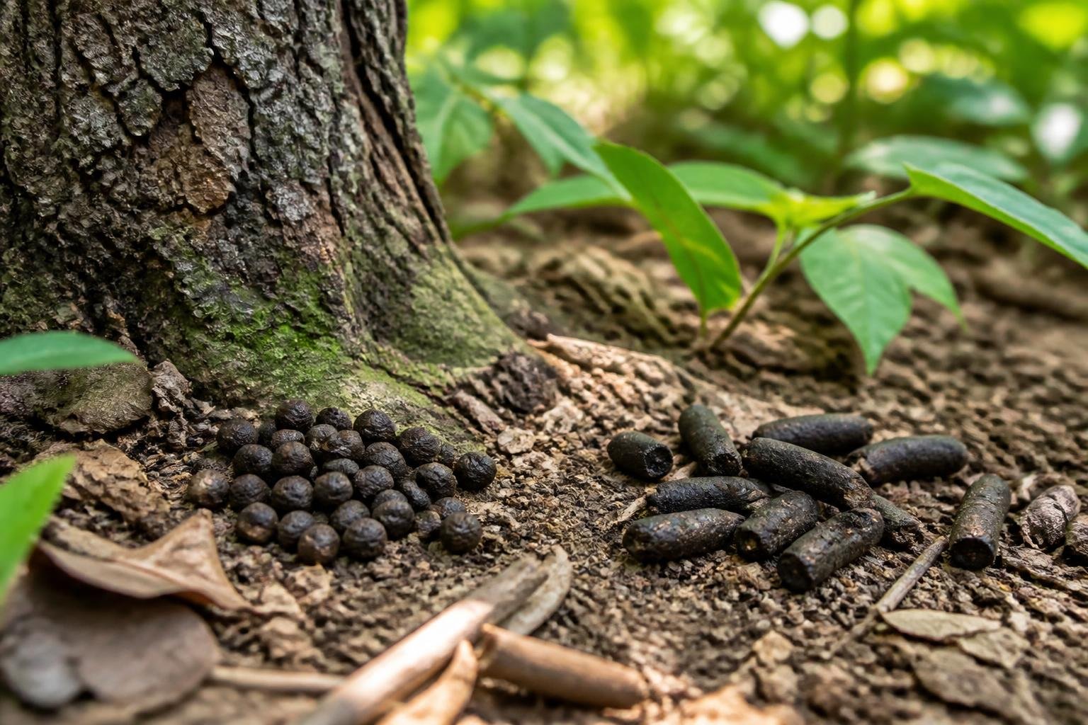 Close-up of a tree base and ground showing squirrel droppings and rat droppings side by side.