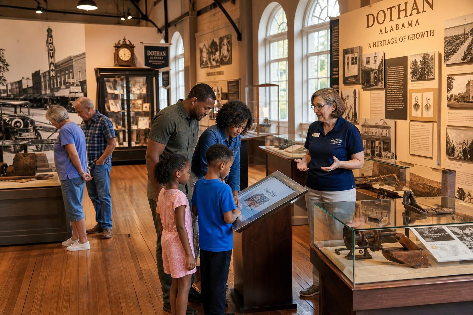 Visitors exploring exhibits inside a local history museum with display cases and informational panels.
