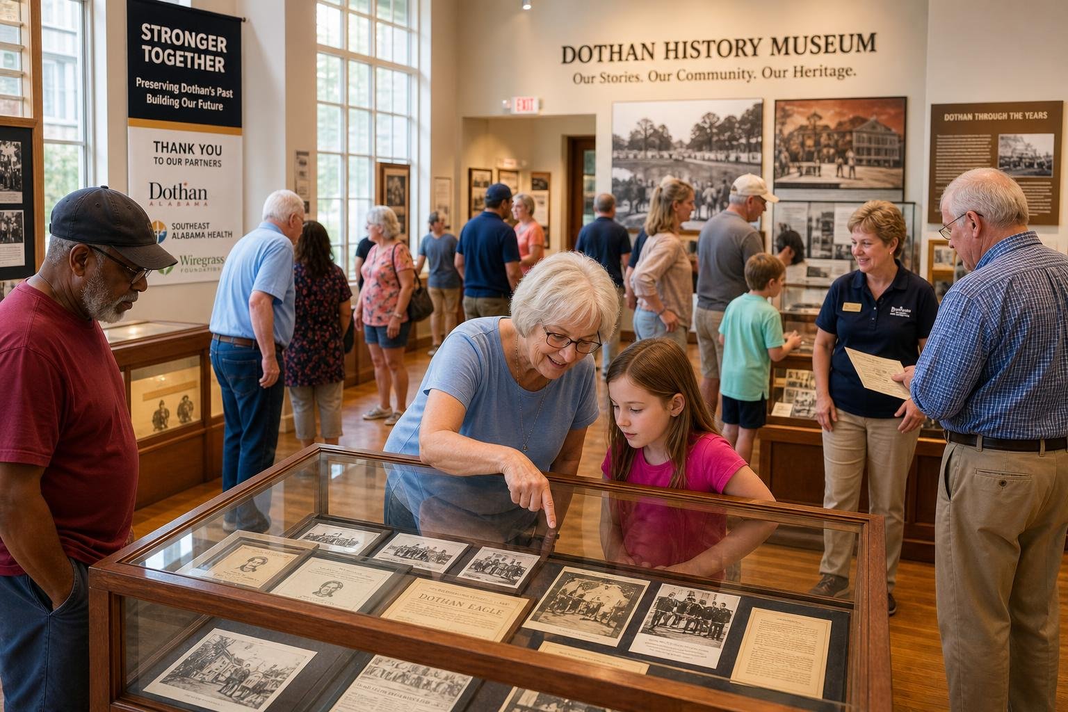 Visitors of various ages exploring exhibits inside a local history museum with staff assisting them.