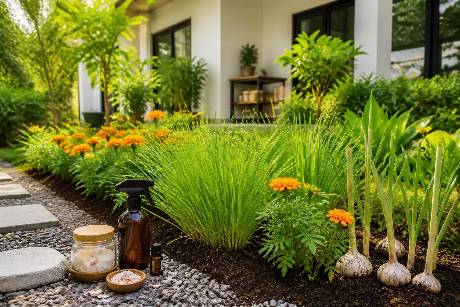 A home garden with green plants and natural snake repellent items placed around the garden beds near a modern house.