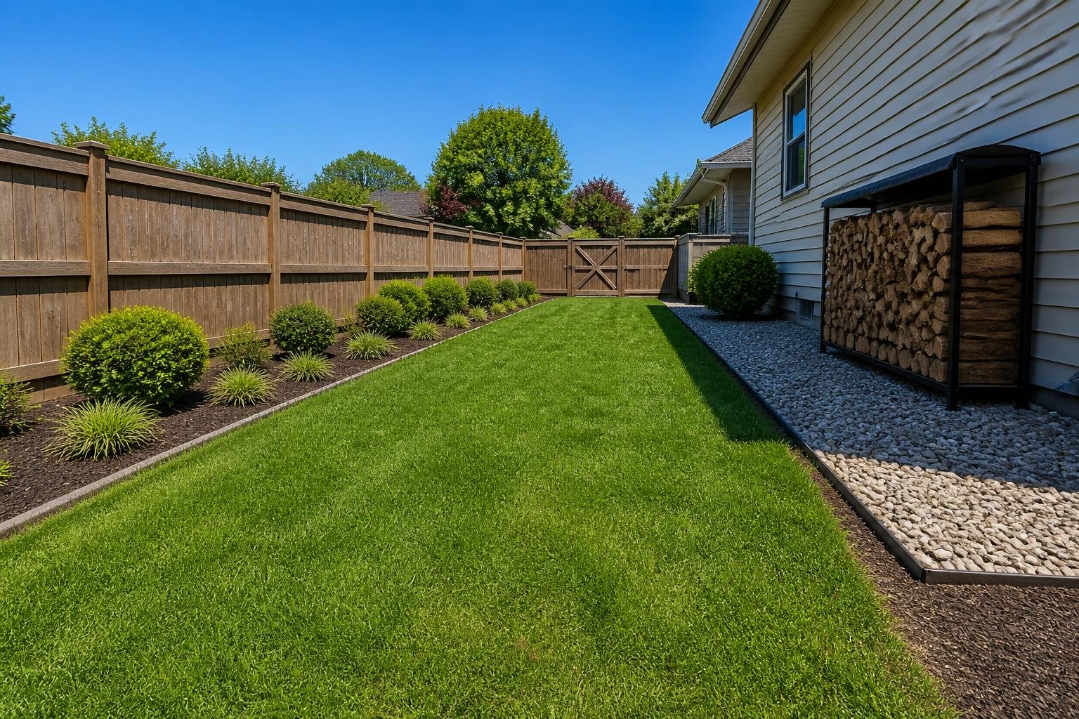 A clean and well-kept backyard with trimmed grass, clear pathways, garden beds, and neatly stacked firewood near a house.