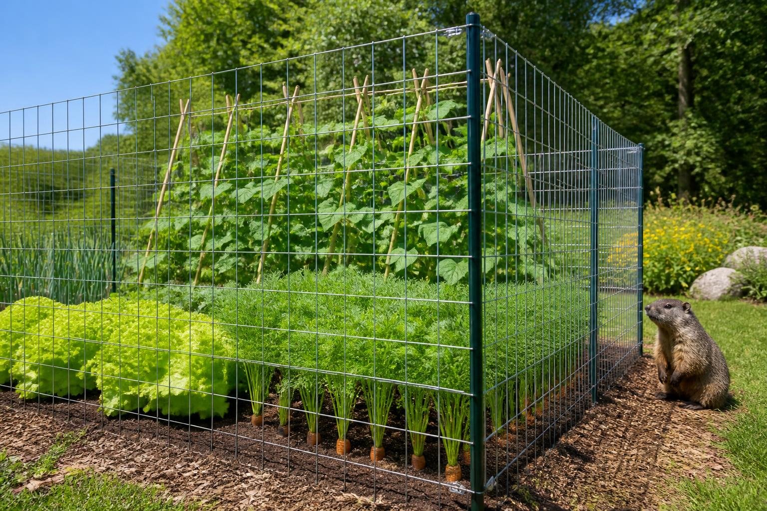 A garden with green vegetables protected by a wire mesh fence while a groundhog stands outside the fence nearby.