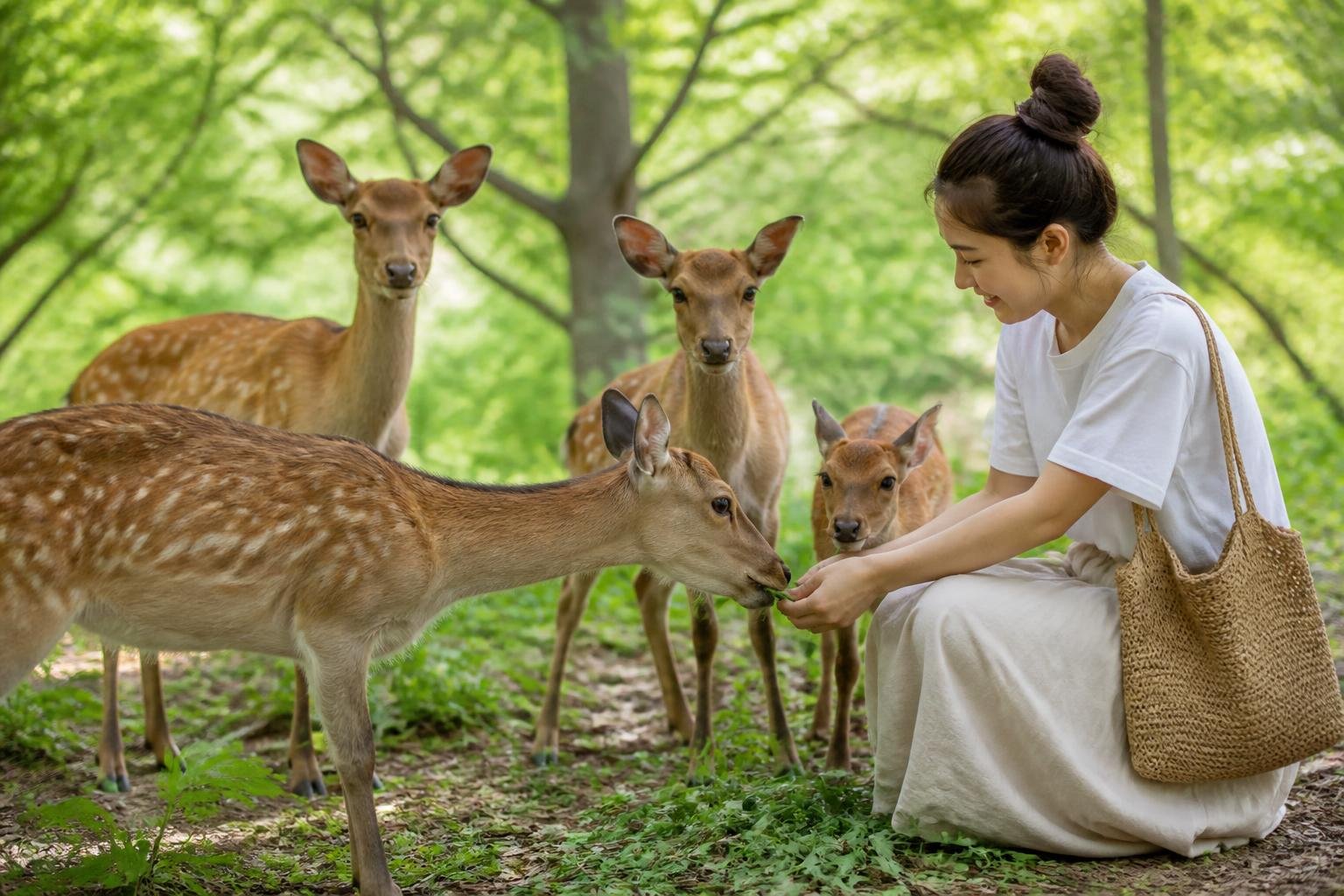 A person feeding several deer in a green forest clearing with sunlight filtering through the trees.