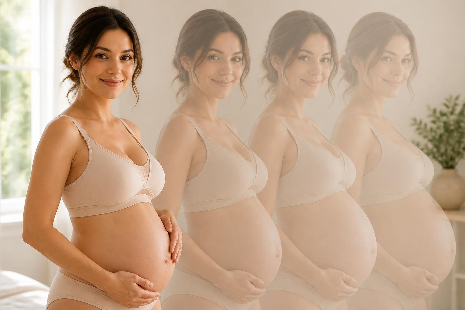 Pregnant woman gently holding her belly with three faint side-by-side silhouettes showing her growing belly and chest size in different stages of pregnancy.